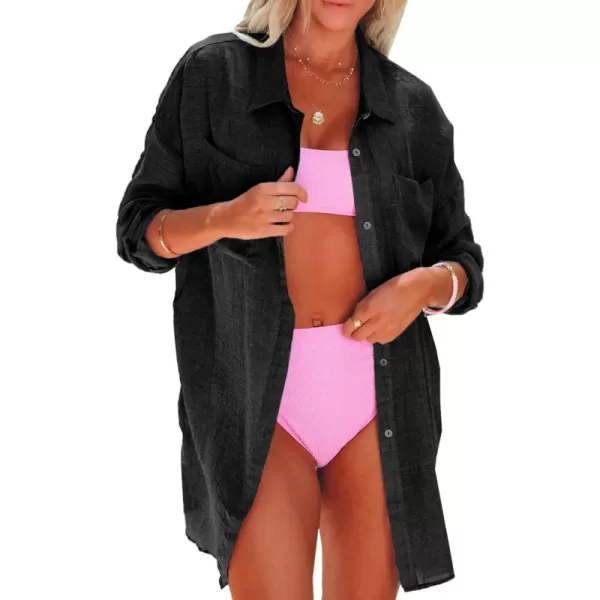 Dokotoo Womens Cotton Button Down Long Sleeve Shirts Bathing Suit Cover Ups Summer Cardigans with Pockets