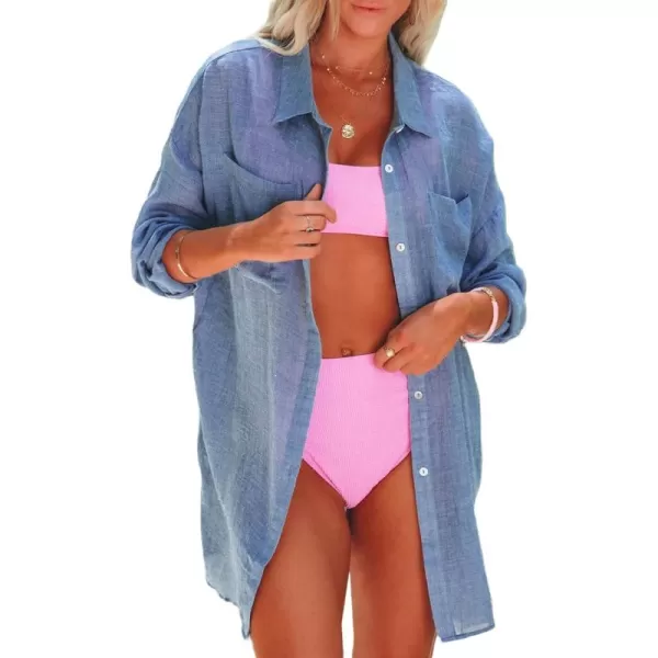 Dokotoo Womens Cotton Button Down Long Sleeve Shirts Bathing Suit Cover Ups Summer Cardigans with Pockets