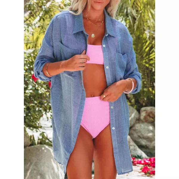 Dokotoo Womens Cotton Button Down Long Sleeve Shirts Bathing Suit Cover Ups Summer Cardigans with Pockets