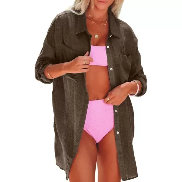 Dokotoo Womens Cotton Button Down Long Sleeve Shirts Bathing Suit Cover Ups Summer Cardigans with Pockets