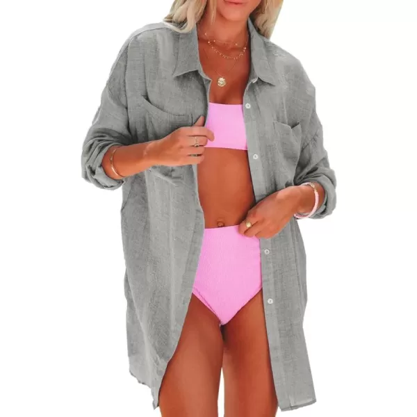 Dokotoo Womens Cotton Button Down Long Sleeve Shirts Bathing Suit Cover Ups Summer Cardigans with Pockets