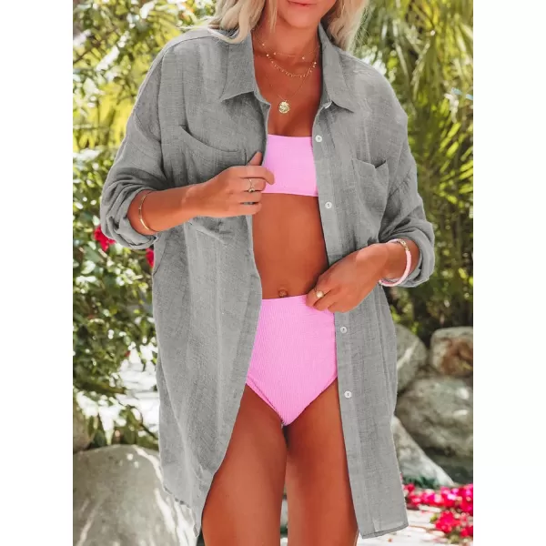 Dokotoo Womens Cotton Button Down Long Sleeve Shirts Bathing Suit Cover Ups Summer Cardigans with Pockets