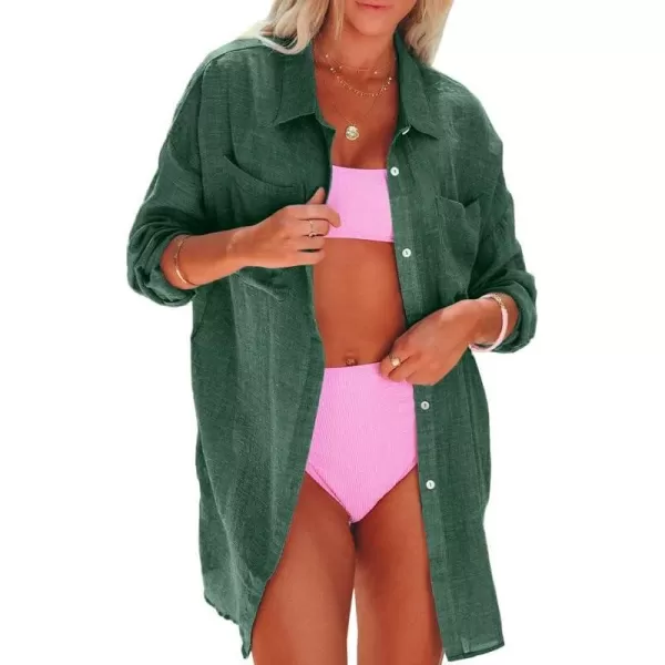 Dokotoo Womens Cotton Button Down Long Sleeve Shirts Bathing Suit Cover Ups Summer Cardigans with Pockets