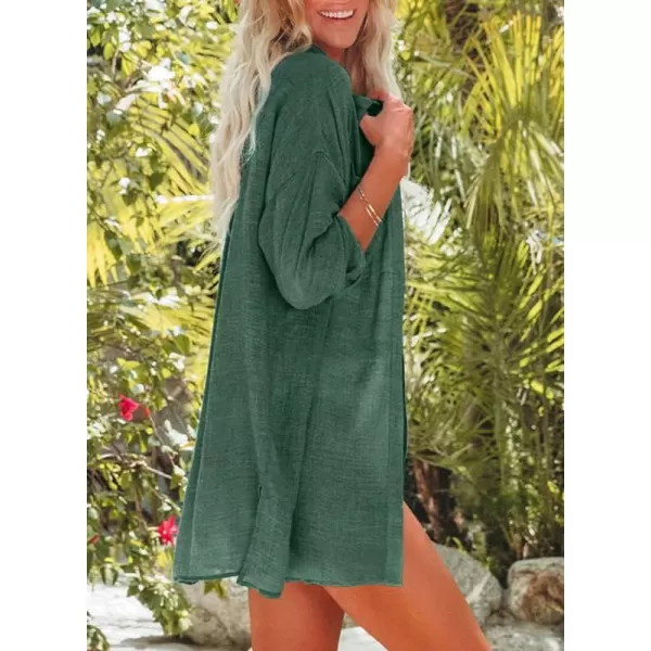 Dokotoo Womens Cotton Button Down Long Sleeve Shirts Bathing Suit Cover Ups Summer Cardigans with Pockets