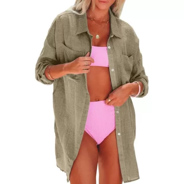Dokotoo Womens Cotton Button Down Long Sleeve Shirts Bathing Suit Cover Ups Summer Cardigans with Pockets