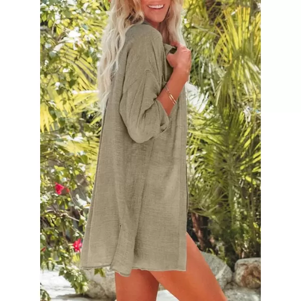 Dokotoo Womens Cotton Button Down Long Sleeve Shirts Bathing Suit Cover Ups Summer Cardigans with Pockets
