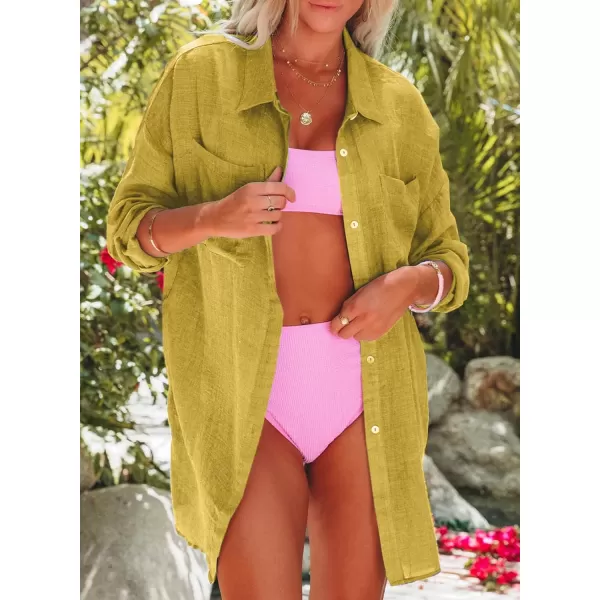 Dokotoo Womens Cotton Button Down Long Sleeve Shirts Bathing Suit Cover Ups Summer Cardigans with Pockets