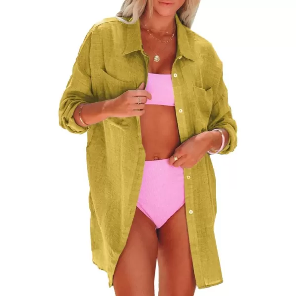 Dokotoo Womens Cotton Button Down Long Sleeve Shirts Bathing Suit Cover Ups Summer Cardigans with Pockets