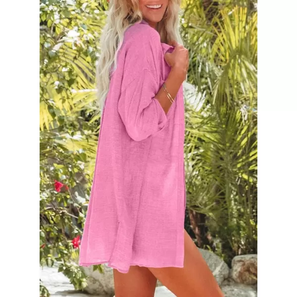 Dokotoo Womens Cotton Button Down Long Sleeve Shirts Bathing Suit Cover Ups Summer Cardigans with Pockets