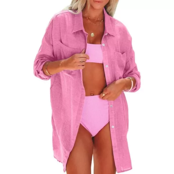 Dokotoo Womens Cotton Button Down Long Sleeve Shirts Bathing Suit Cover Ups Summer Cardigans with Pockets