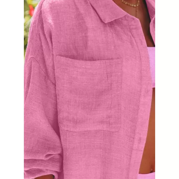 Dokotoo Womens Cotton Button Down Long Sleeve Shirts Bathing Suit Cover Ups Summer Cardigans with Pockets