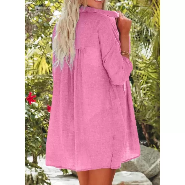Dokotoo Womens Cotton Button Down Long Sleeve Shirts Bathing Suit Cover Ups Summer Cardigans with Pockets