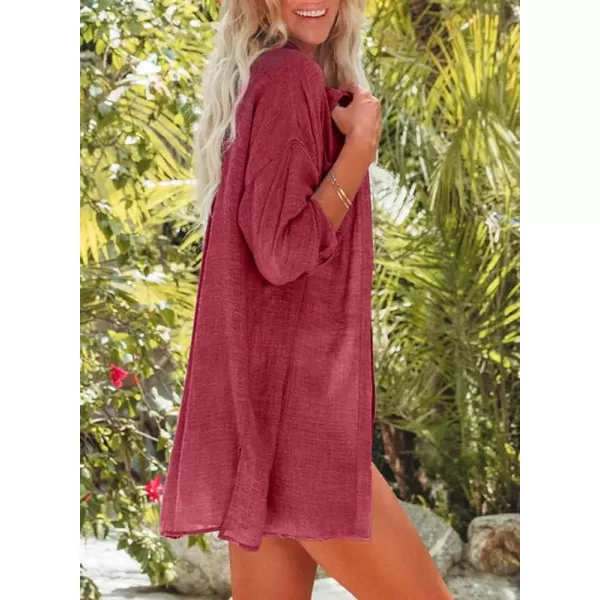 Dokotoo Womens Cotton Button Down Long Sleeve Shirts Bathing Suit Cover Ups Summer Cardigans with Pockets
