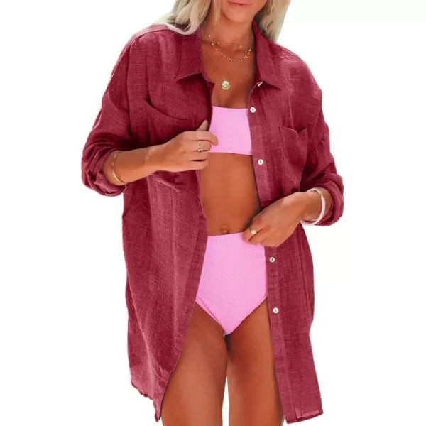 Dokotoo Womens Cotton Button Down Long Sleeve Shirts Bathing Suit Cover Ups Summer Cardigans with Pockets