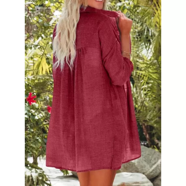 Dokotoo Womens Cotton Button Down Long Sleeve Shirts Bathing Suit Cover Ups Summer Cardigans with Pockets