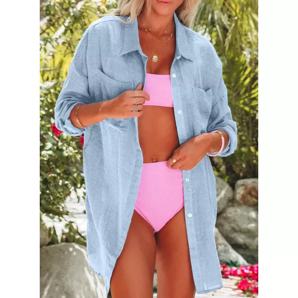 Dokotoo Womens Cotton Button Down Long Sleeve Shirts Bathing Suit Cover Ups Summer Cardigans with Pockets