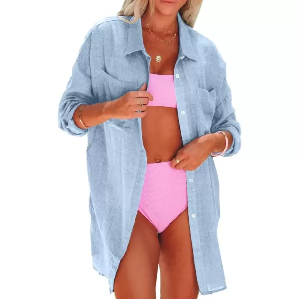 Dokotoo Womens Cotton Button Down Long Sleeve Shirts Bathing Suit Cover Ups Summer Cardigans with Pockets