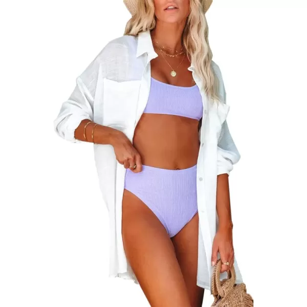 Dokotoo Womens Cotton Button Down Long Sleeve Shirts Bathing Suit Cover Ups Summer Cardigans with Pockets