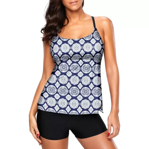 Dokotoo Womens Criss Cross Back Color Block Print Tankini Top with Boyshorts Swimsuit 