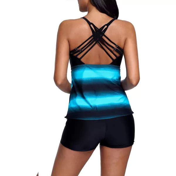 Dokotoo Womens Criss Cross Back Color Block Print Tankini Top with Boyshorts Swimsuit 