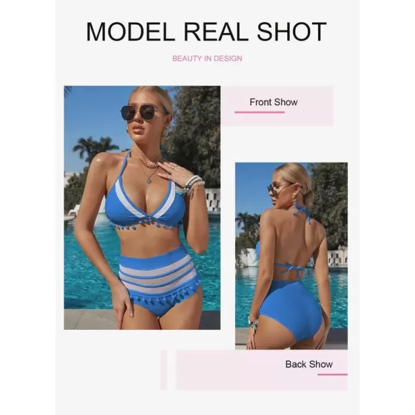 Dokotoo Womens High Waist Two Pieces Bikini Set Striped Tassel Swimsuit