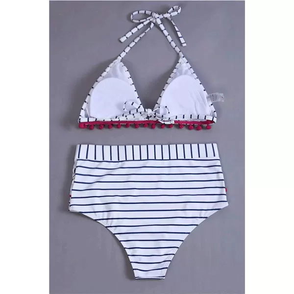 Dokotoo Womens High Waist Two Pieces Bikini Set Striped Tassel Swimsuit