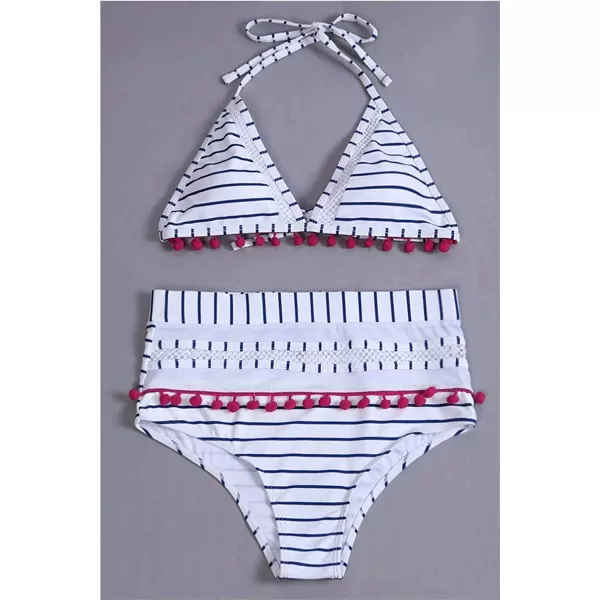Dokotoo Womens High Waist Two Pieces Bikini Set Striped Tassel Swimsuit