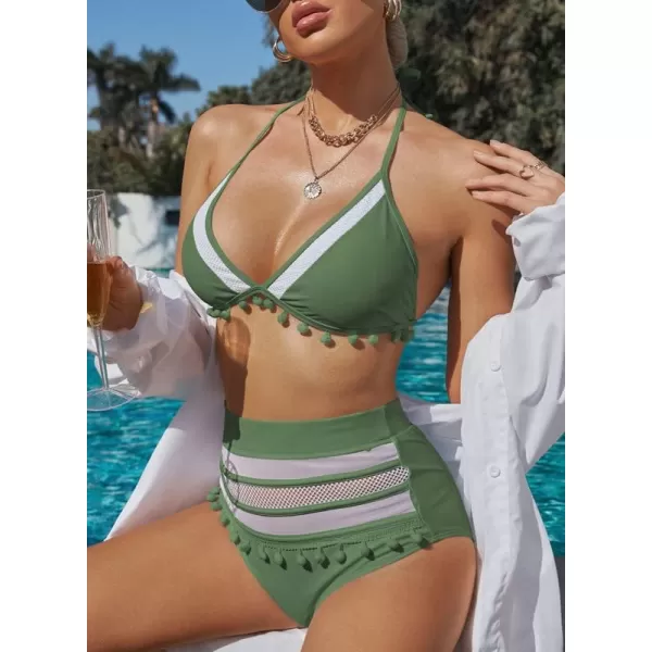 Dokotoo Womens High Waist Two Pieces Bikini Set Striped Tassel Swimsuit