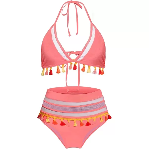 Dokotoo Womens High Waist Two Pieces Bikini Set Striped Tassel Swimsuit