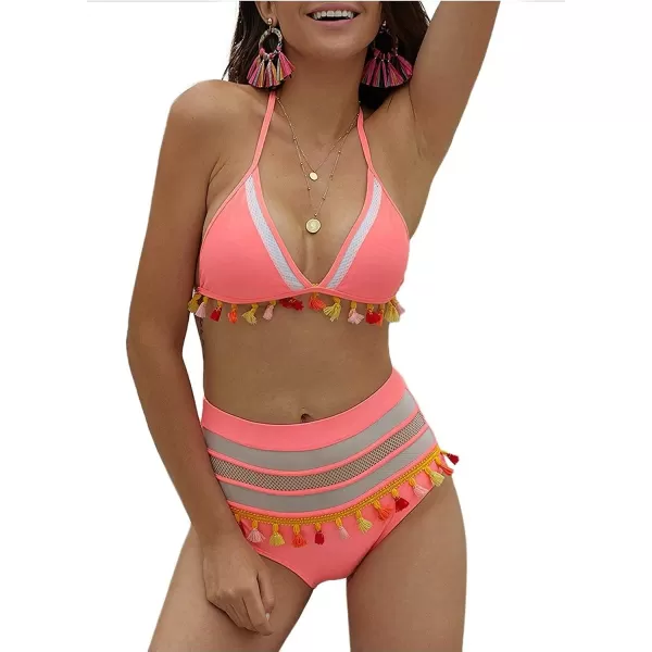 Dokotoo Womens High Waist Two Pieces Bikini Set Striped Tassel Swimsuit