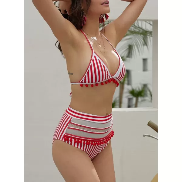 Dokotoo Womens High Waist Two Pieces Bikini Set Striped Tassel Swimsuit
