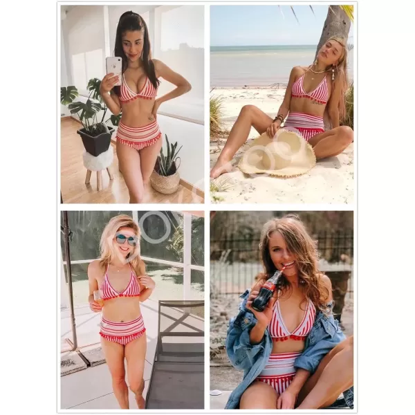 Dokotoo Womens High Waist Two Pieces Bikini Set Striped Tassel Swimsuit