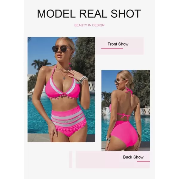 Dokotoo Womens High Waist Two Pieces Bikini Set Striped Tassel Swimsuit