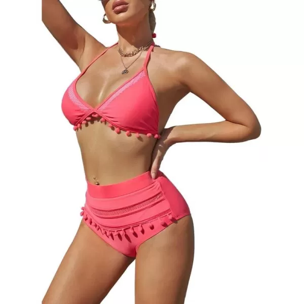 Dokotoo Womens High Waist Two Pieces Bikini Set Striped Tassel Swimsuit