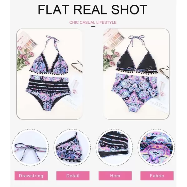 Dokotoo Womens High Waist Two Pieces Bikini Set Striped Tassel Swimsuit