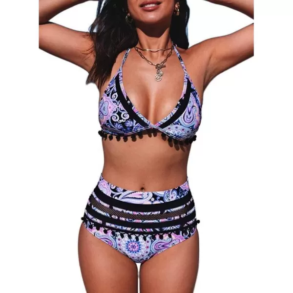 Dokotoo Womens High Waist Two Pieces Bikini Set Striped Tassel Swimsuit
