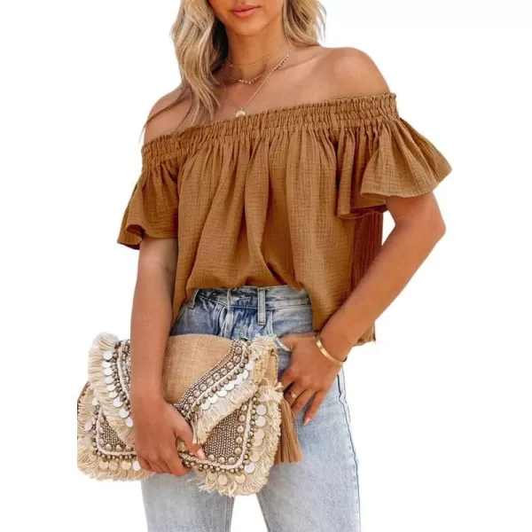 Dokotoo Women's Off The Shoulder Tops Shirred Neck Ruffle Sleeve Flowy Cotton Blouses Shirts