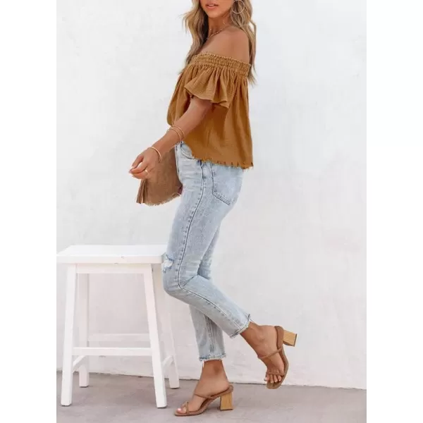 Dokotoo Women's Off The Shoulder Tops Shirred Neck Ruffle Sleeve Flowy Cotton Blouses Shirts