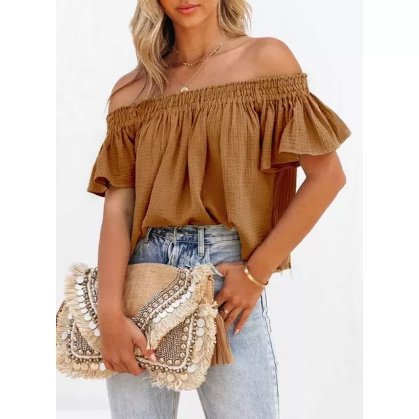 Dokotoo Women's Off The Shoulder Tops Shirred Neck Ruffle Sleeve Flowy Cotton Blouses Shirts
