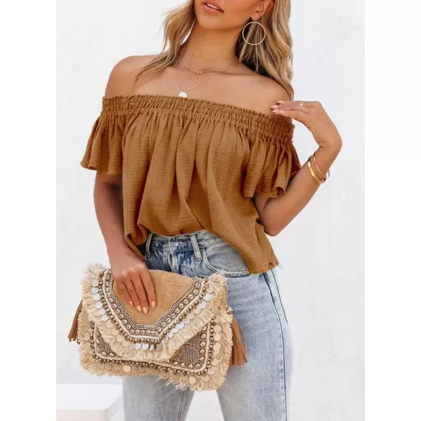 Dokotoo Women's Off The Shoulder Tops Shirred Neck Ruffle Sleeve Flowy Cotton Blouses Shirts