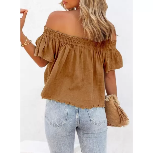 Dokotoo Women's Off The Shoulder Tops Shirred Neck Ruffle Sleeve Flowy Cotton Blouses Shirts