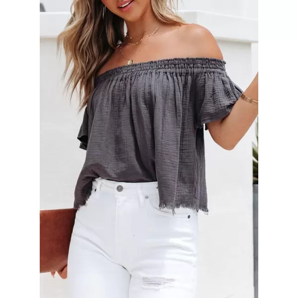 Dokotoo Women's Off The Shoulder Tops Shirred Neck Ruffle Sleeve Flowy Cotton Blouses Shirts