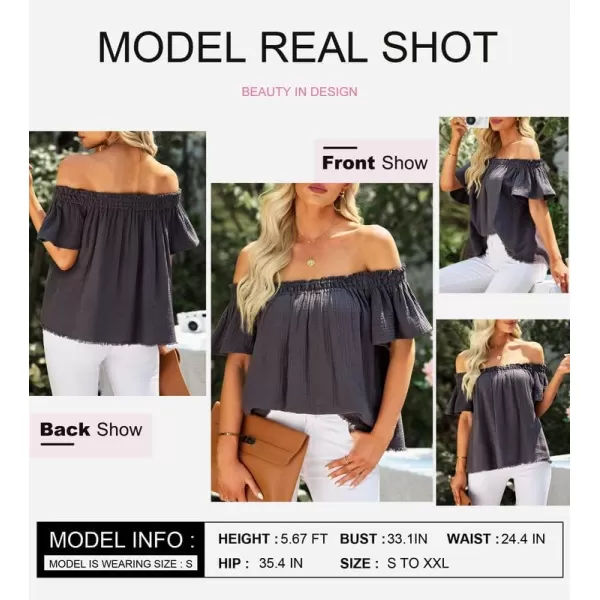 Dokotoo Women's Off The Shoulder Tops Shirred Neck Ruffle Sleeve Flowy Cotton Blouses Shirts