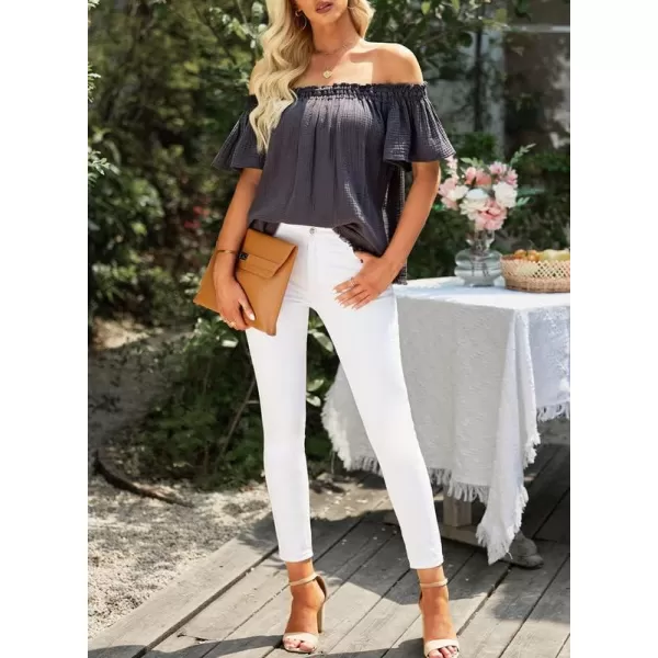 Dokotoo Women's Off The Shoulder Tops Shirred Neck Ruffle Sleeve Flowy Cotton Blouses Shirts