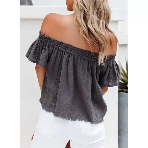 Dokotoo Women's Off The Shoulder Tops Shirred Neck Ruffle Sleeve Flowy Cotton Blouses Shirts