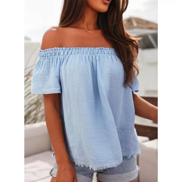 Dokotoo Women's Off The Shoulder Tops Shirred Neck Ruffle Sleeve Flowy Cotton Blouses Shirts