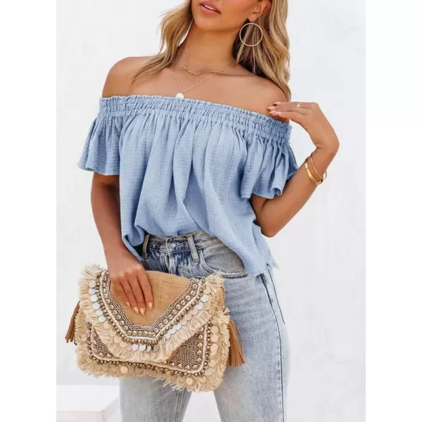 Dokotoo Women's Off The Shoulder Tops Shirred Neck Ruffle Sleeve Flowy Cotton Blouses Shirts