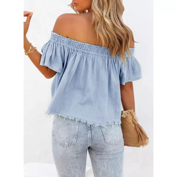 Dokotoo Women's Off The Shoulder Tops Shirred Neck Ruffle Sleeve Flowy Cotton Blouses Shirts