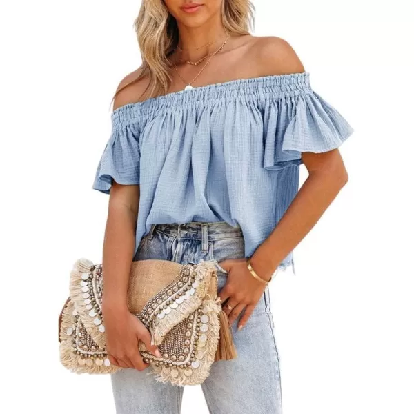 Dokotoo Women's Off The Shoulder Tops Shirred Neck Ruffle Sleeve Flowy Cotton Blouses Shirts