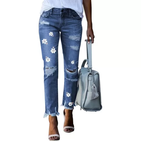 Dokotoo Women's Patchwork Destroyed Raw Hem Jeans Ripped Hole Boyfriend Denim Pants